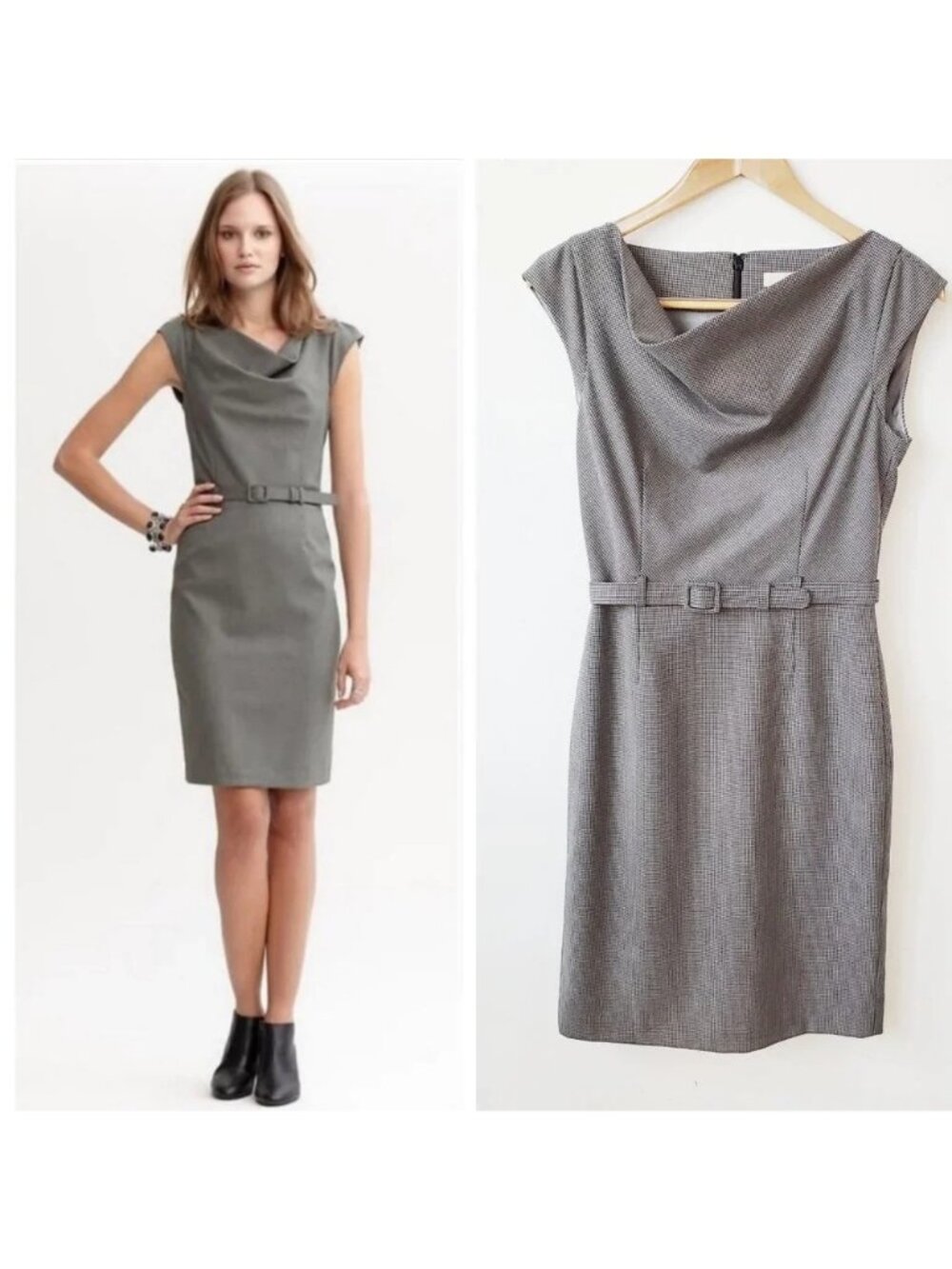 Banana Republic Sheath Dress Size 12 Gray Houndstooth Sleeveless Waist Belt
